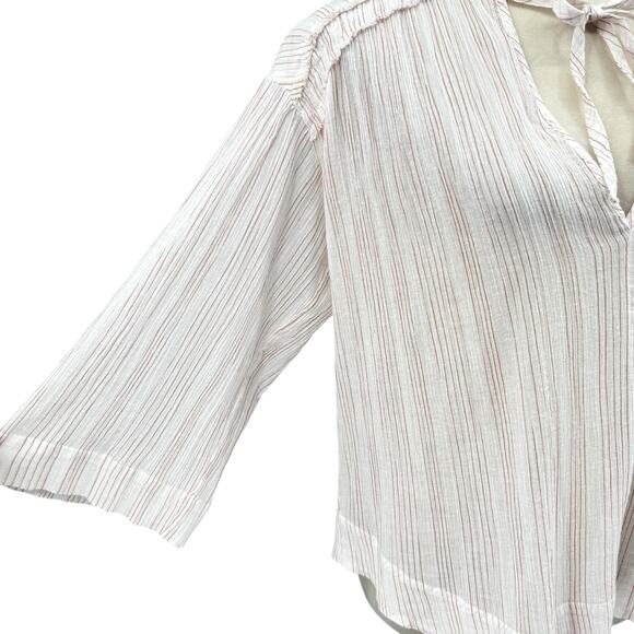 Vince Variegated Stripe Crinkle Breathable Cotton Tassel V-neck Wide Sleeve Top - Picture 7 of 13